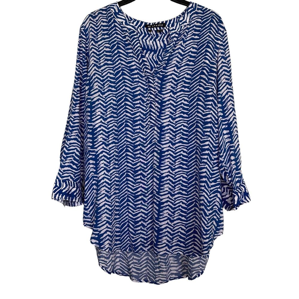 S/I Studio Women’s Sz XL Blue/White Geometric Print 3/4 Sleeve Blouse